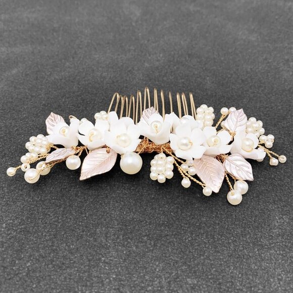 Bridal White Hair Comb Pearl Leaf Ceramic Flower Wedding Accessories main image 7